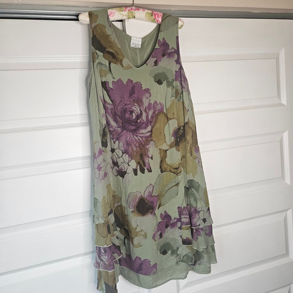 Click by Color Me Cotton Sage Floral Layered Ruffle Tank Dress Lagenlook L